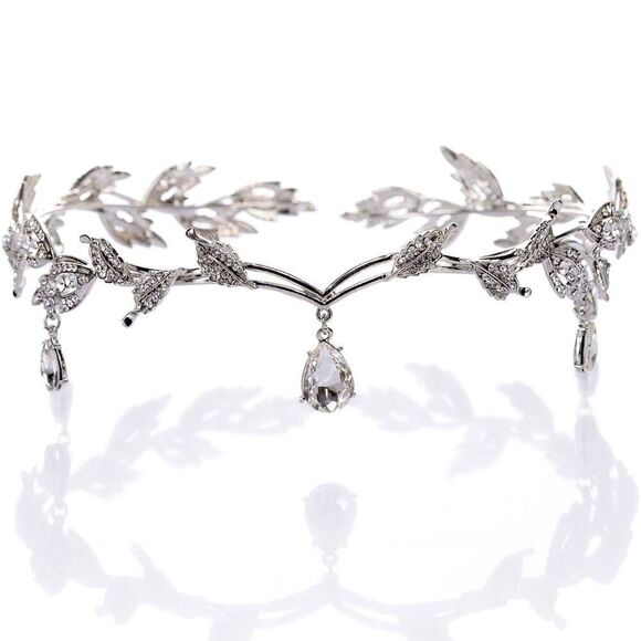 Rhinestone Leaf Wedding Crown Headband for Brides Crystal Pendent Tiara Headband - Picture 1 of 8